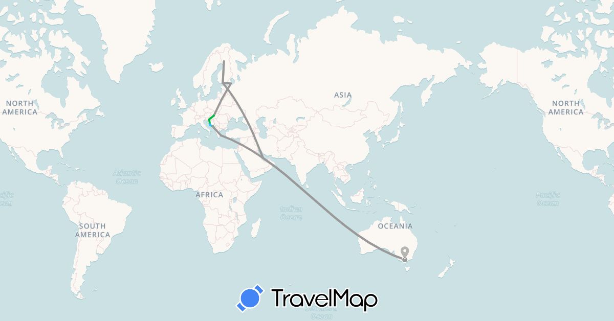 TravelMap itinerary: driving, bus, plane, boat in Australia, Finland, Greece, Croatia, Hungary, Montenegro, Qatar, Russia (Asia, Europe, Oceania)